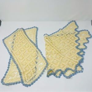 Vintage Chair Back & Arm Covers Crochet Cream with Blue Lace Edging‎ 3 Pc. Set
